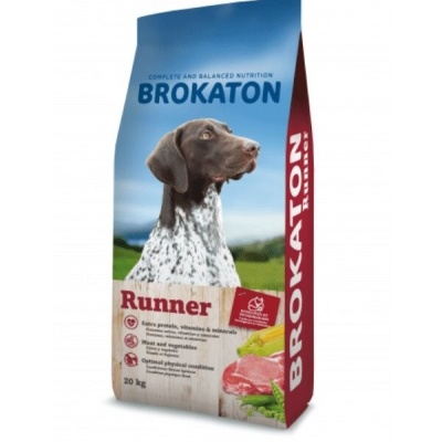 Saco de ração para cão BROKATON Runner 20 kg com imagem de cão castanho e branco
