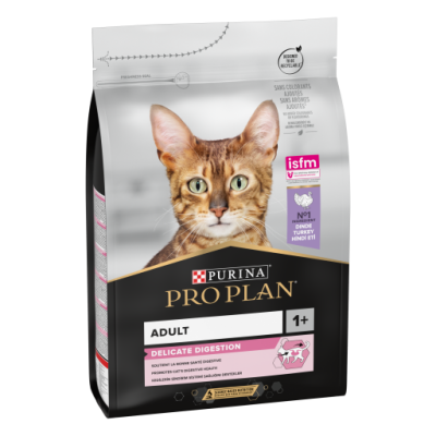 Embalagem de ração para gatos Purina Pro Plan Adult Delicate Digestion com imagem de gato e texto