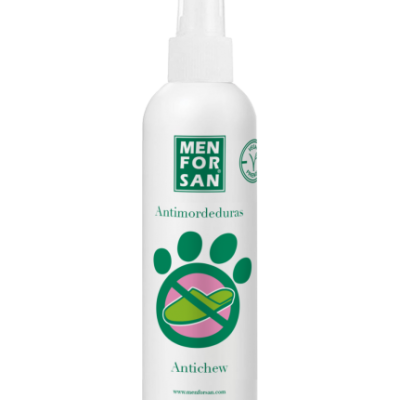 Frasco branco de spray Antimordeduras Men For San com símbolo de pata e sapato riscado