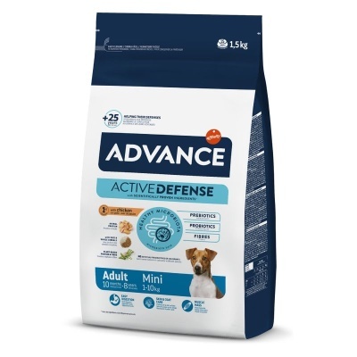 Ração Advance Active Defense para cães adultos mini 1,5 kg com embalagem azul e branca e imagem de cão