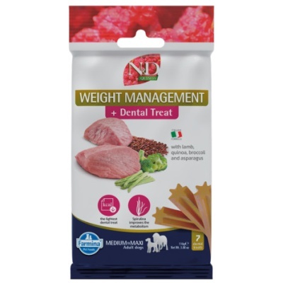 Pacote branco de petiscos dentais para cães com imagens de carne e vegetais e texto em inglês