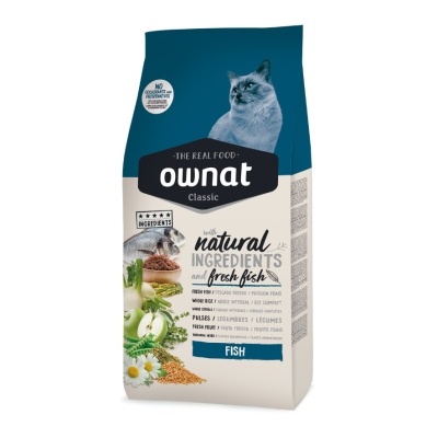 Saco de ração Ownat Classic para gatos com ingredientes naturais e peixe