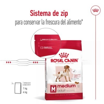Pacote de ração Royal Canin Medium Adult com sistema zip para conservar frescura.