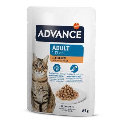 Embalagem de ração para gato Advance Adult com frango 85 g