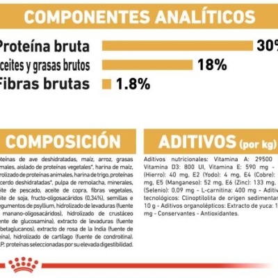 Rótulo com informações analíticas e composição de produto alimentar em castelhano e espanhol