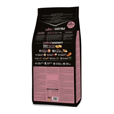Saco preto com detalhes rosa de ração para animais, mostrando texto sobre ingredientes e peso 12 kg.