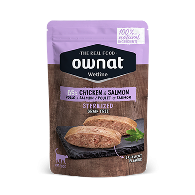 Pacote Ownat Wetline comida húmida para gatos frango e salmão
