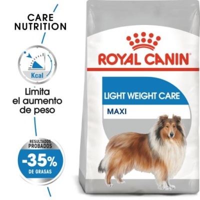 Embalagem de ração Royal Canin Light Weight Care Maxi para cães grandes com texto e imagem de cão