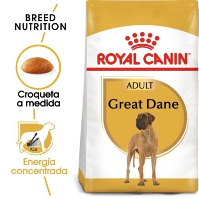 Saco de ração Royal Canin para cães Great Dane adulto em branco, dourado e vermelho.