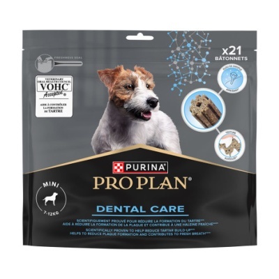 Embalagem cinza e preta de palitos dentários para cães Purina Pro Plan Dental Care