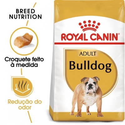 Embalagem de ração Royal Canin Adult Bulldog com foto de buldogue