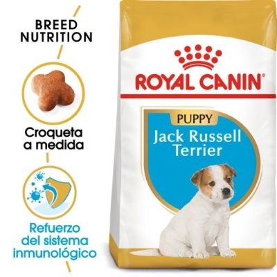 Embalagem de ração Royal Canin para filhotes Jack Russell Terrier com texto em espanhol
