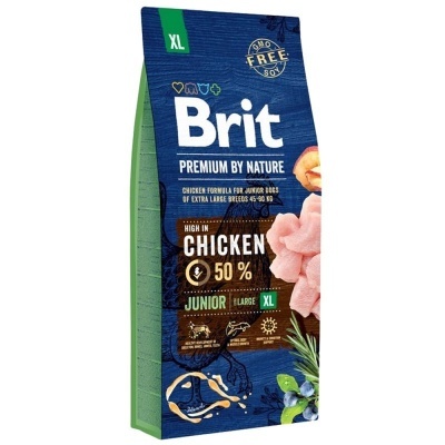 Embalagem azul e verde de ração Brit Premium by Nature para cães XL com ingredientes de frango