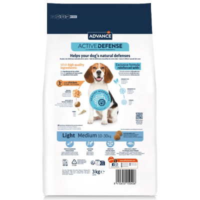 Saco de ração para cão ADVANCE ACTIVE DEFENSE Medium 3 kg com imagem de cão