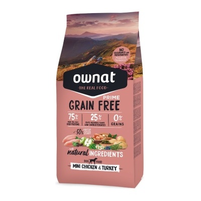 Saco de comida para cães Ownat Prime Grain Free rosa e preto com texto e imagem de paisagem