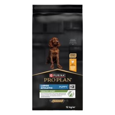 Pacote preto de ração Purina Pro Plan para cachorros com imagem de um cão castanho