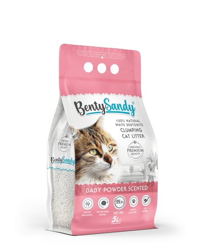 Saco rosa e branco de areia para gatos Benty Sandy com imagem de um gato