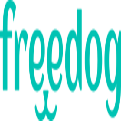 Logótipo 'freedog' em azul-turquesa sobre fundo branco