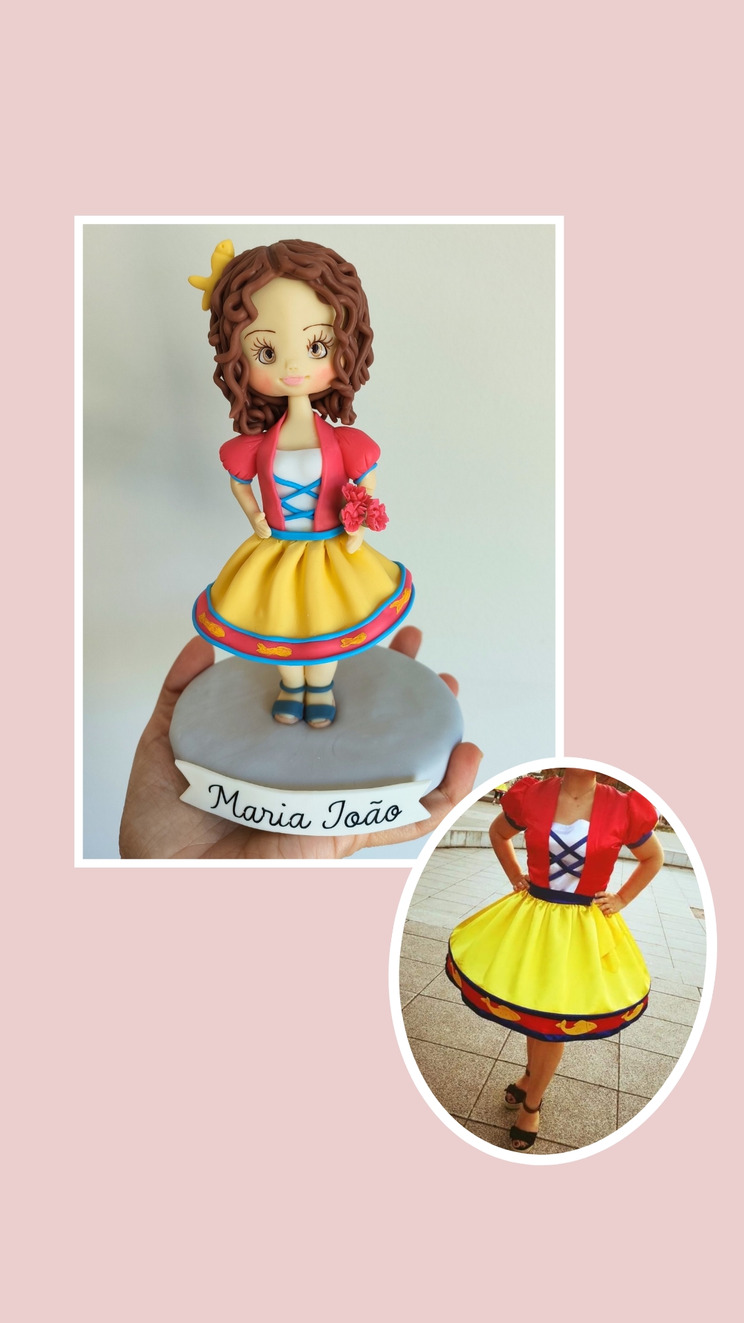 Figura e fotografia de rapariga com vestido amarelo, casaco vermelho e cabelo castanho