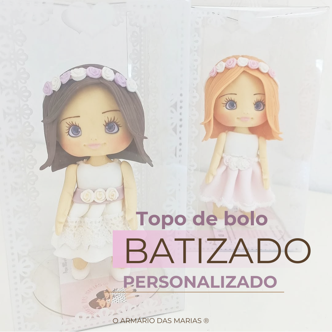 Topo de bolo personalizado batizado com figuras femininas em embalagem transparente