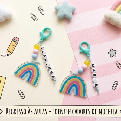 Dois identificadores de mochila com arco-íris e nomes personalizados