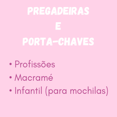 Fundo rosa com texto branco e roxo sobre pregadeiras e porta-chaves