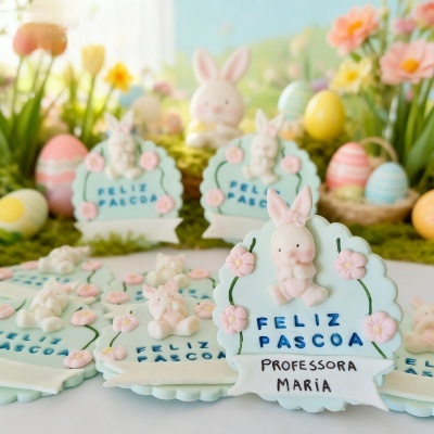 Placas decorativas de Páscoa com coelhos e mensagem para professora Maria