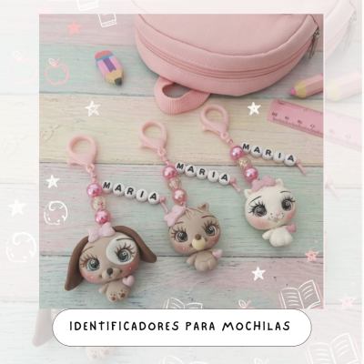 Identificadores para mochilas com animais e contas cor-de-rosa