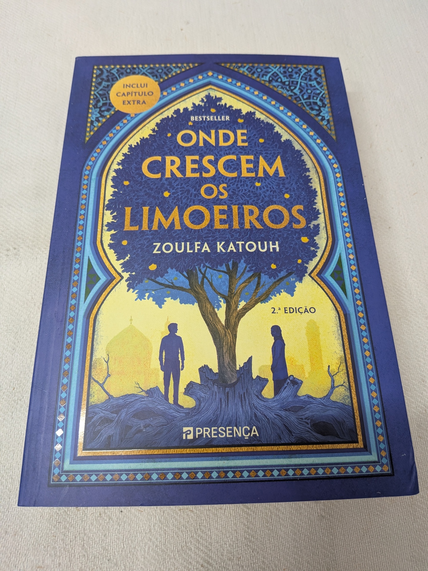 Zoulfa Katouh - Onde Crescem os Limoeiros (defeito na capa) Capa de livro azul Onde Crescem os Limoeiros de Zoulfa Katouh com ilustração de árvore e pessoas