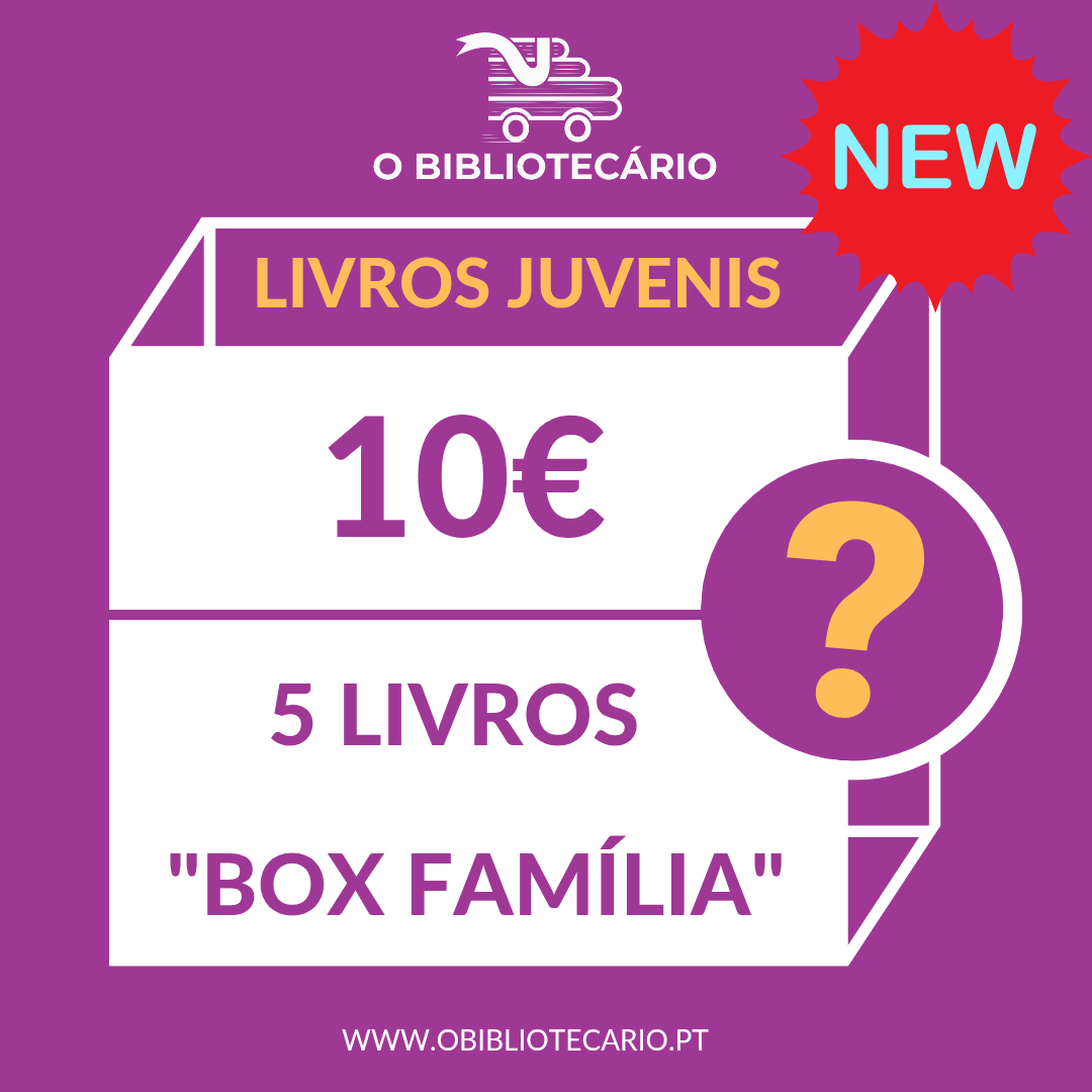 Promoção de livros juvenis com oferta de 5 livros à BOX FAMÍLIA por 10€ num fundo roxo.