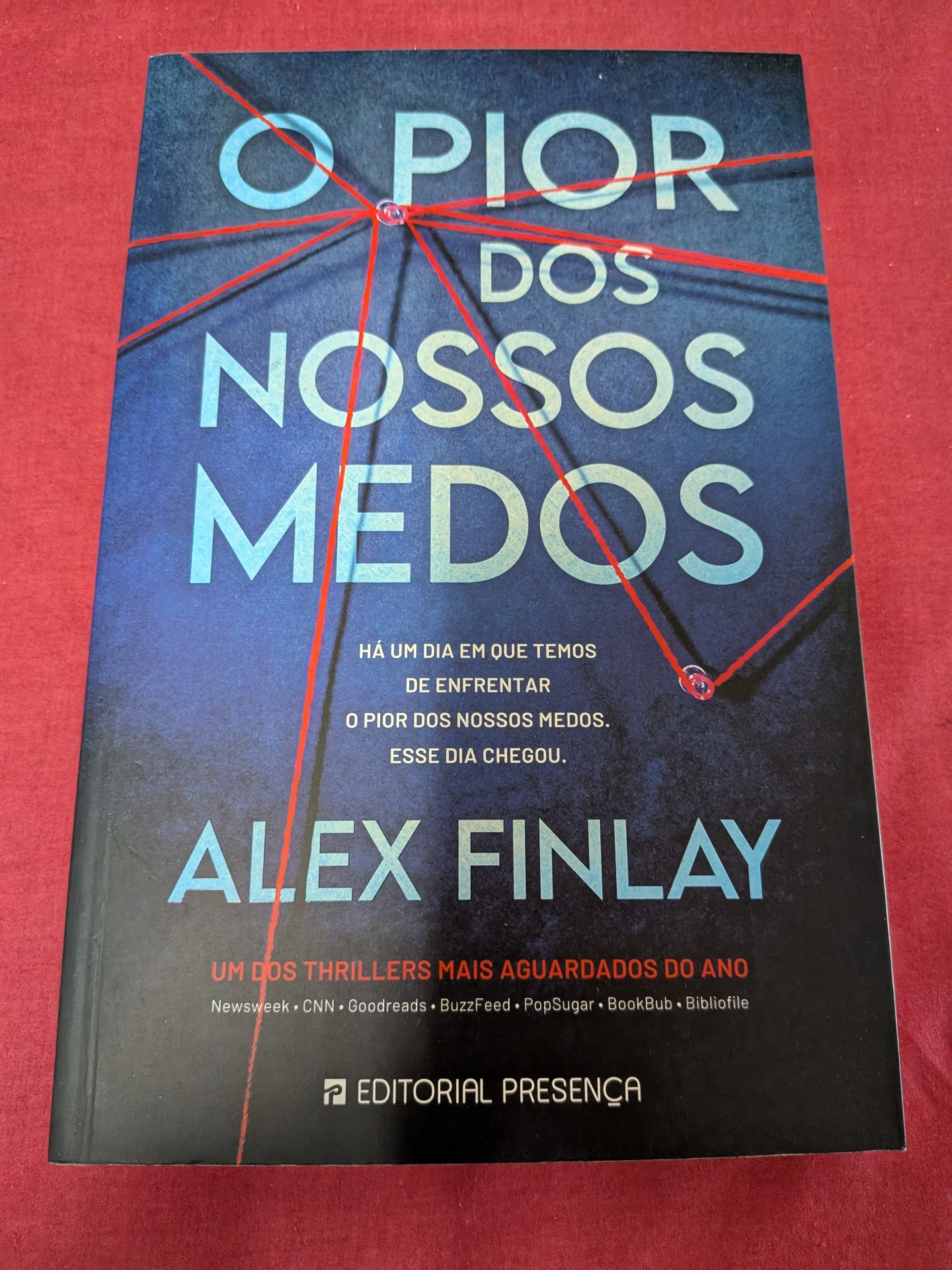 O Pior dos Nossos Medos de Alex Finlay Capa do livro O Pior dos Nossos Medos de Alex Finlay com linhas vermelhas entrelaçadas sobre fundo azul escuro.