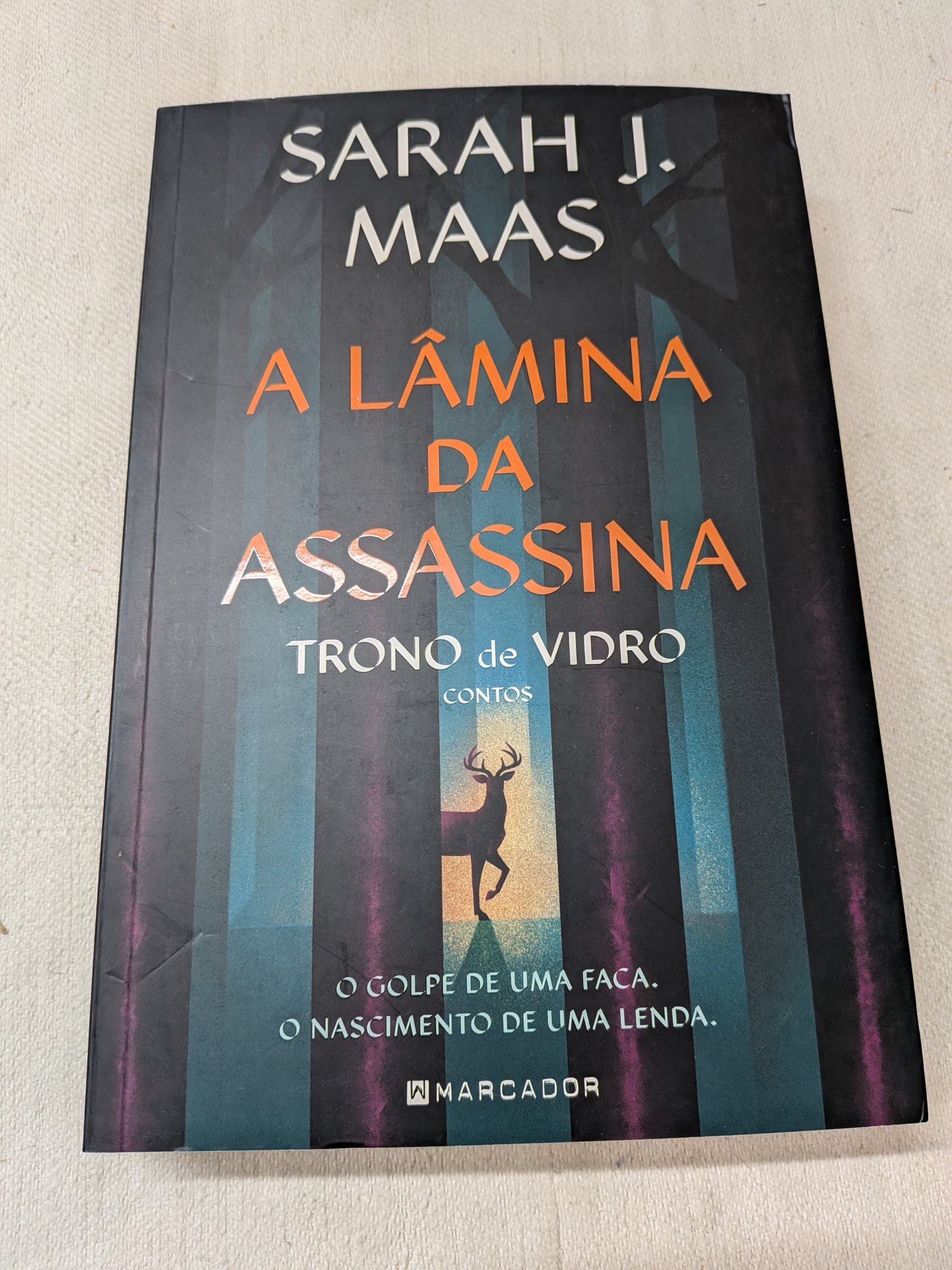 Sarah J. Maas - A Lâmina da Assassina Trono de Vidro - Contos (defeito na capa) Capa do livro A Lâmina da Assassina com silhueta de veado e texto em várias cores