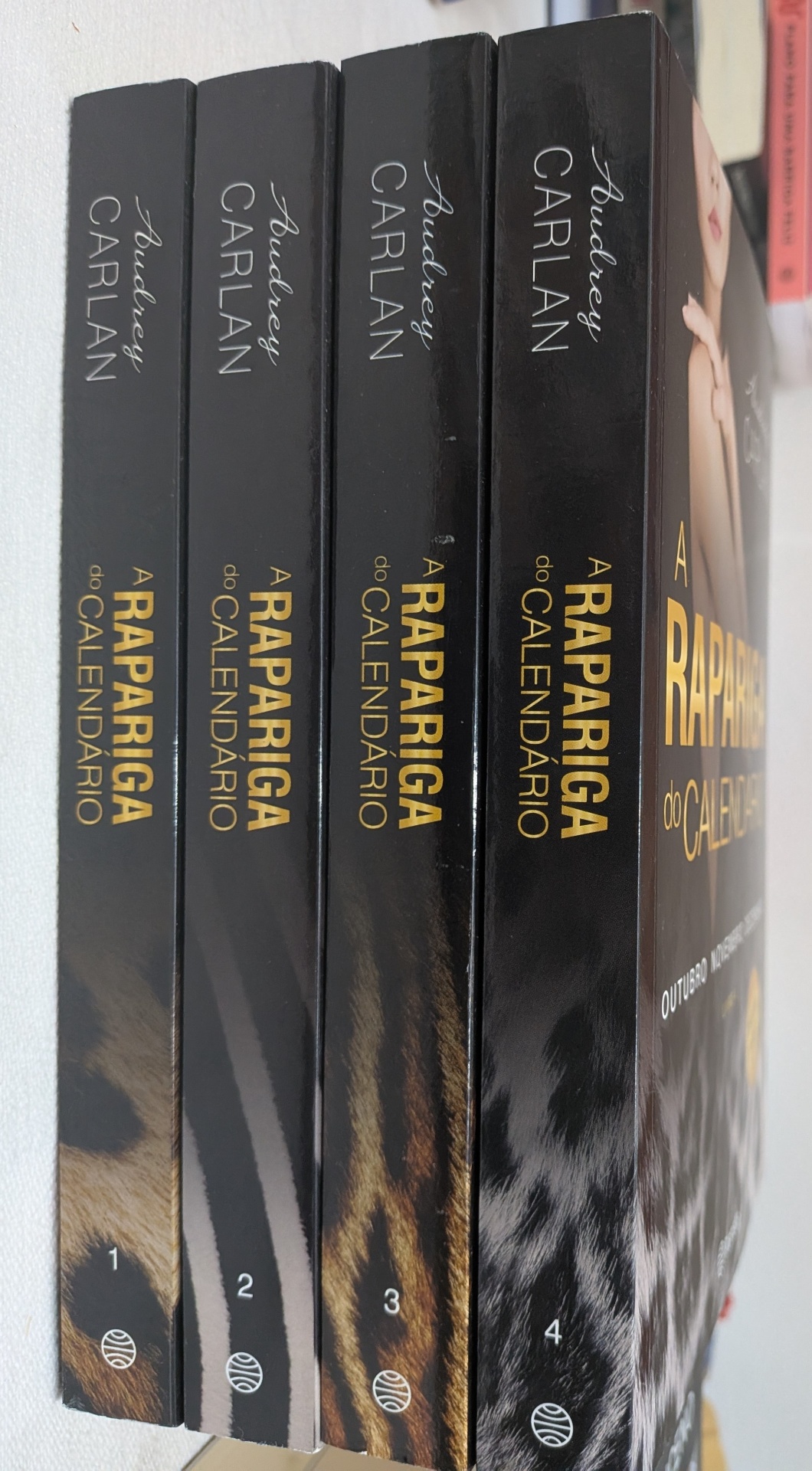 Audrey Carlan - A Rapariga do Calendário (Janeiro a Dezembro) - Coleção Completa quatro livros em preto com padrão de pele animal e títulos dourados