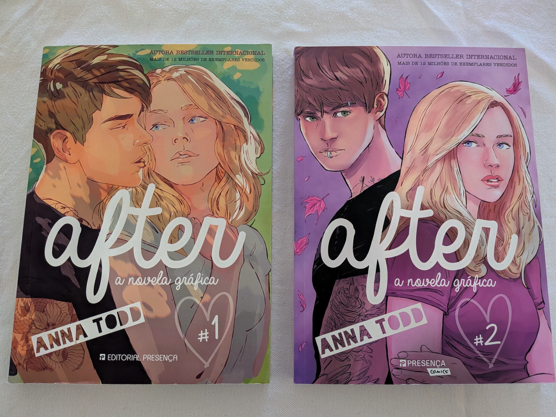 Anna Todd - After - A Novela Gráfica N.º 1 + N.º 2 Capas de livros da série After com ilustrações gráficas de um casal jovem e fundo em verde e roxo.