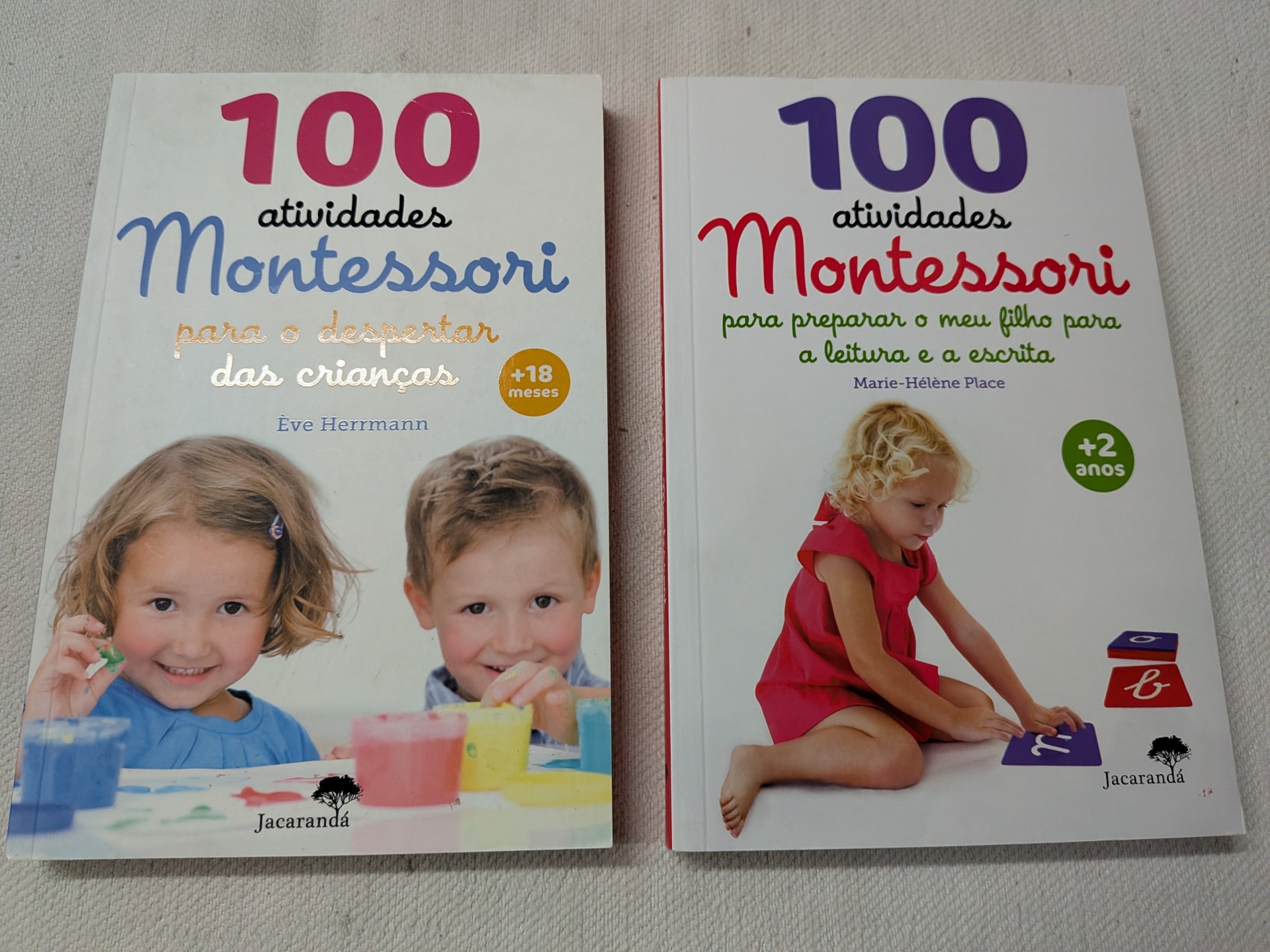 Marie-Hélène Place, Ève Herrmann - 100 Atividades Montessori Dois livros Montessori para crianças em capa mole com texto colorido e imagens de crianças na capa.