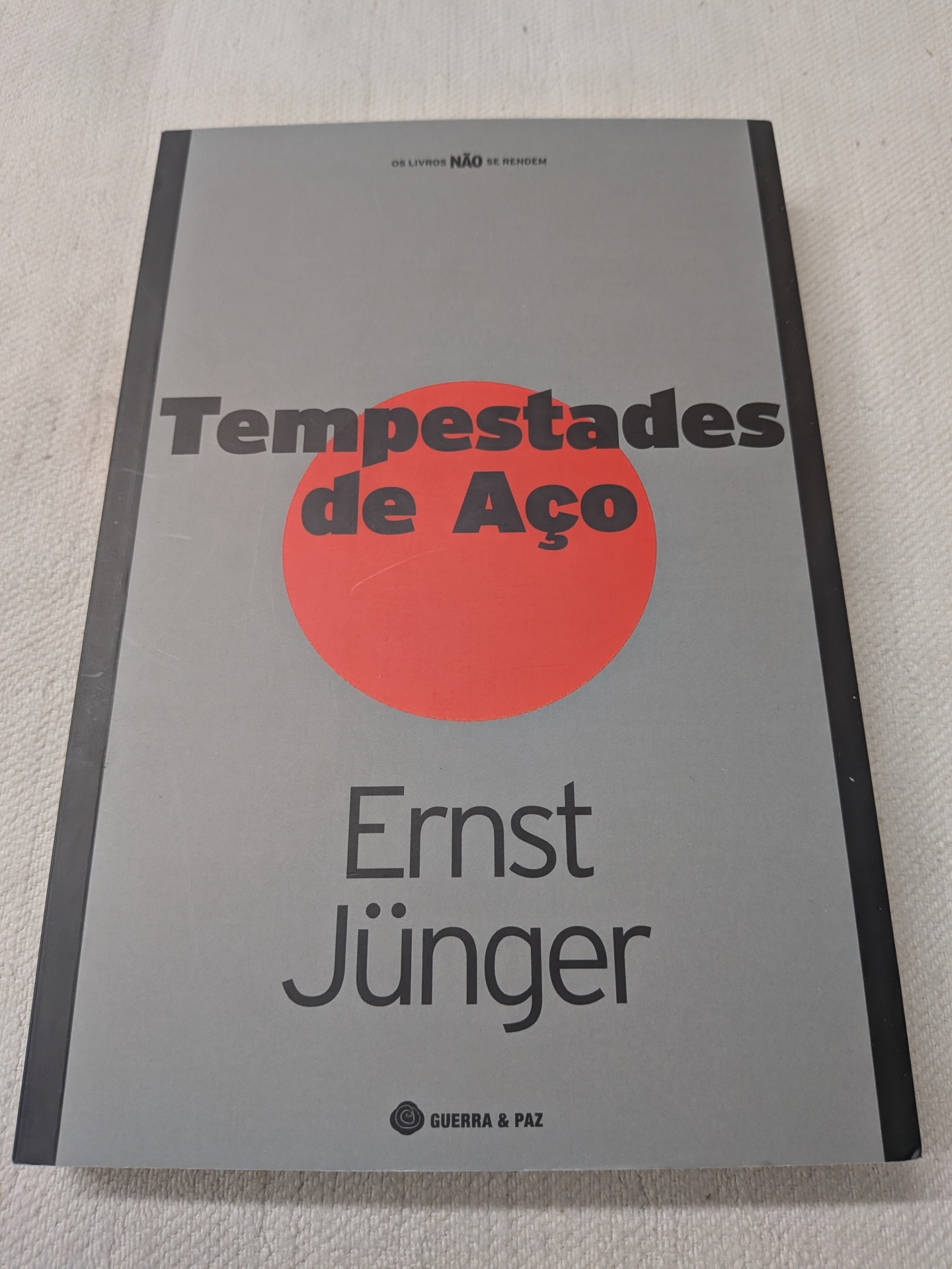 Ernst Jünger - Tempestades de Aço Capa de livro cinzenta com título e autor em preto e vermelho