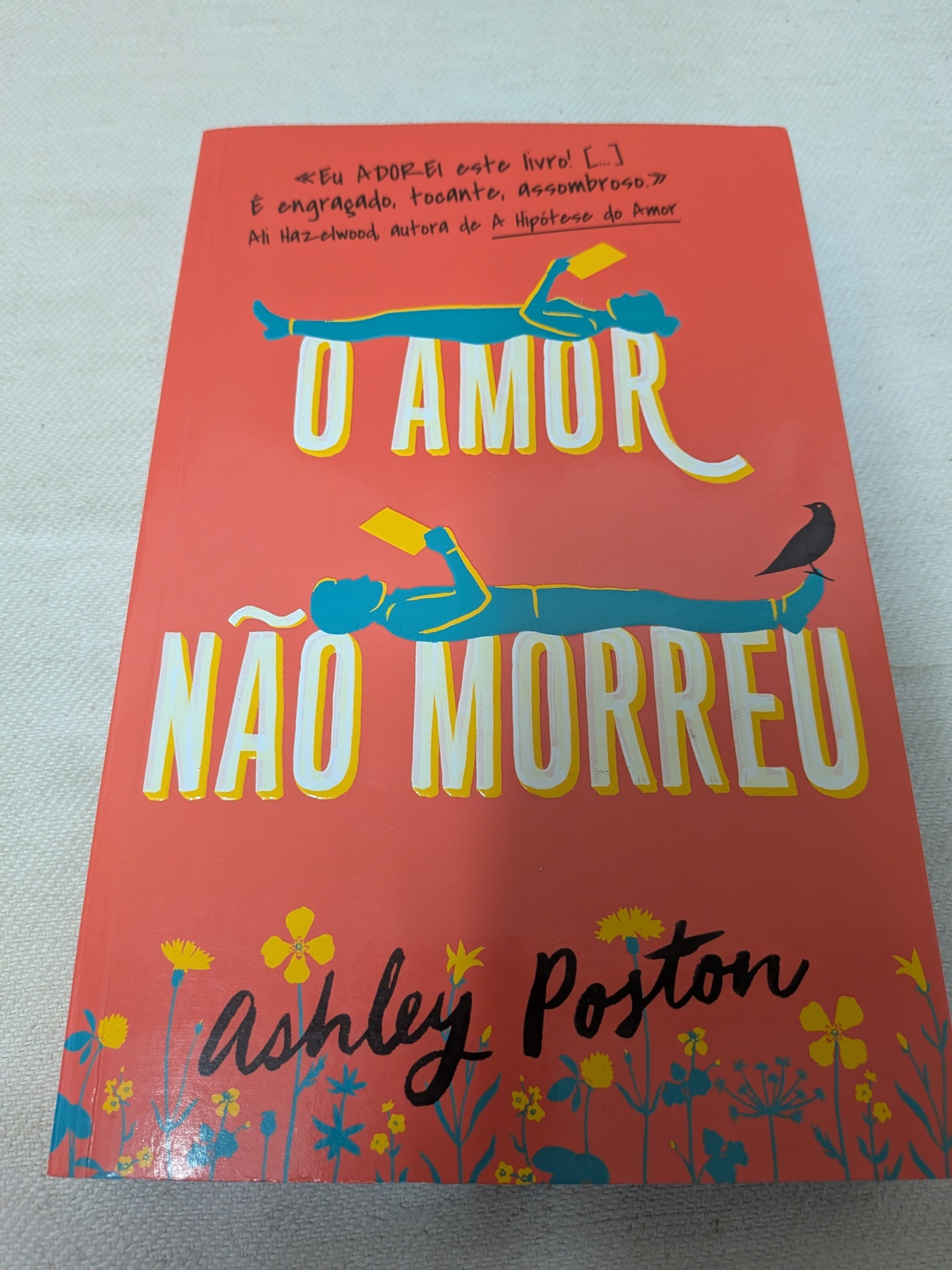 Ashley Poston - O Amor não Morreu Capa de livro cor de laranja com pessoas azuis a ler e texto O AMOR NÃO MORREU