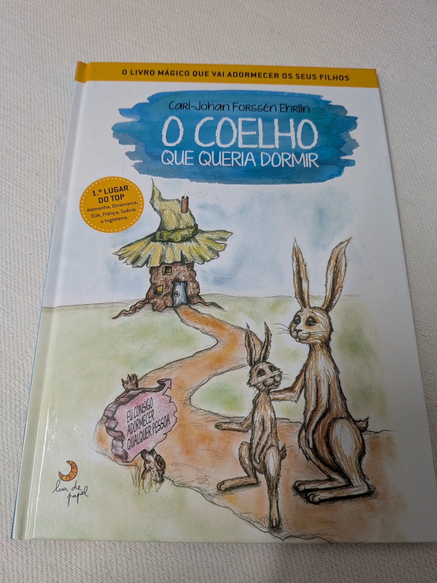 Carl-Johan Forssen Ehrlin - O Coelho Que Queria Dormir Capa de livro infantil em português com ilustração de lebres e casa de campo