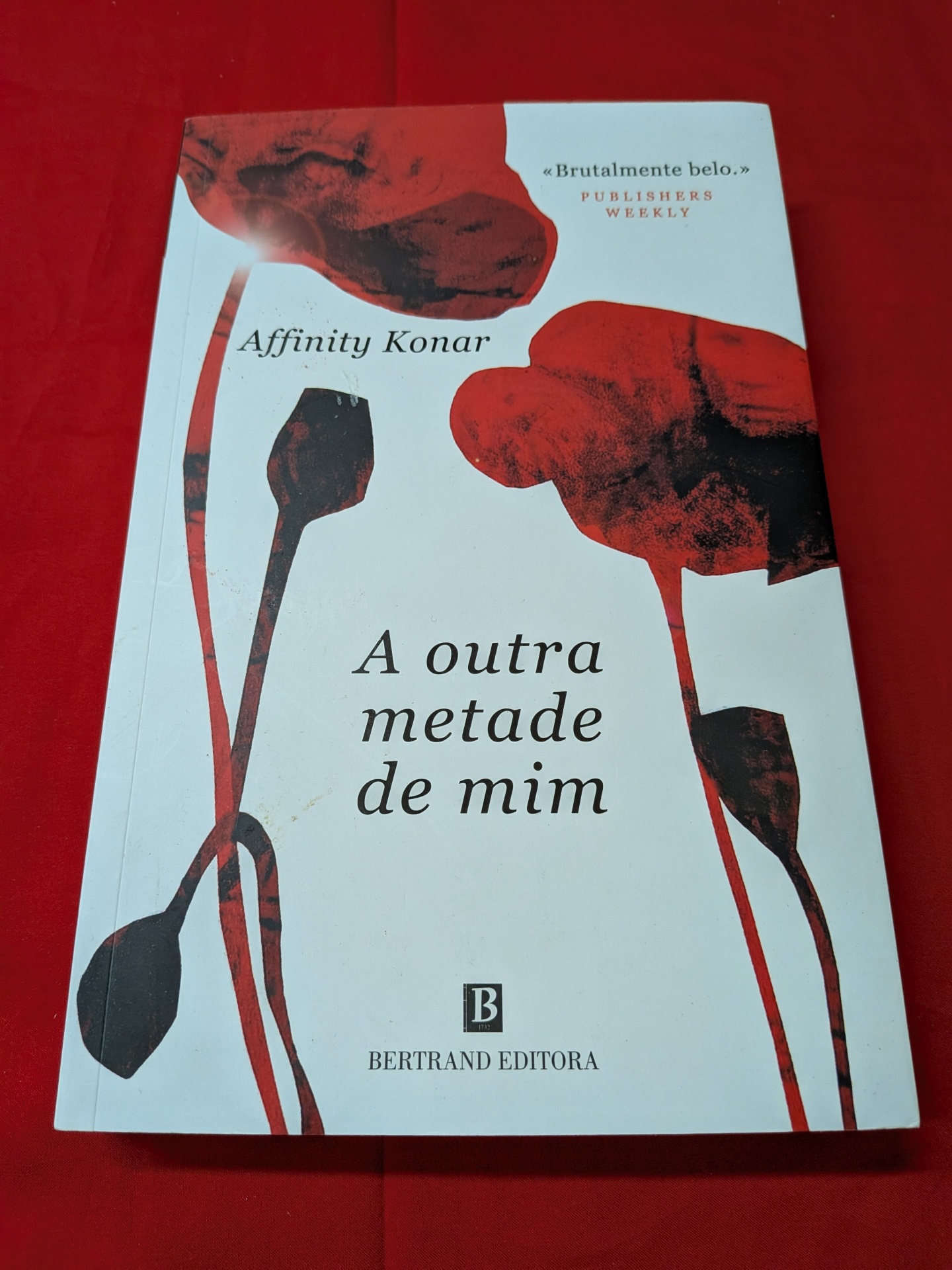 Affinity Konar - A Outra Metade de Mim (Mischling) Capa de livro branca com flores vermelhas e pretas e texto