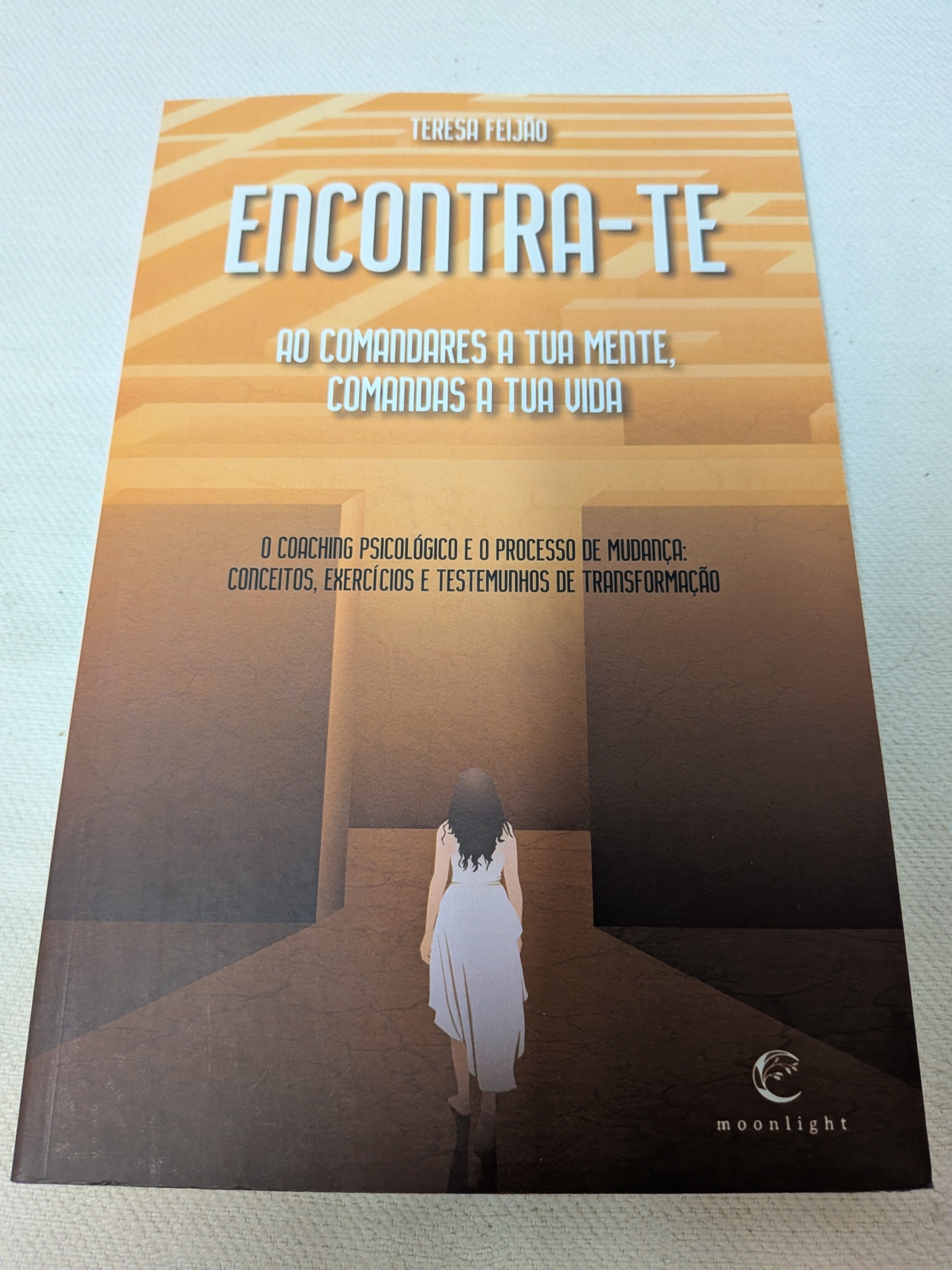 Teresa Feijão - Encontra-te (Ao comandares a tua mente, comandas a tua vida) Capa de livro com desenho de mulher de costas e texto em tons de laranja e castanho.