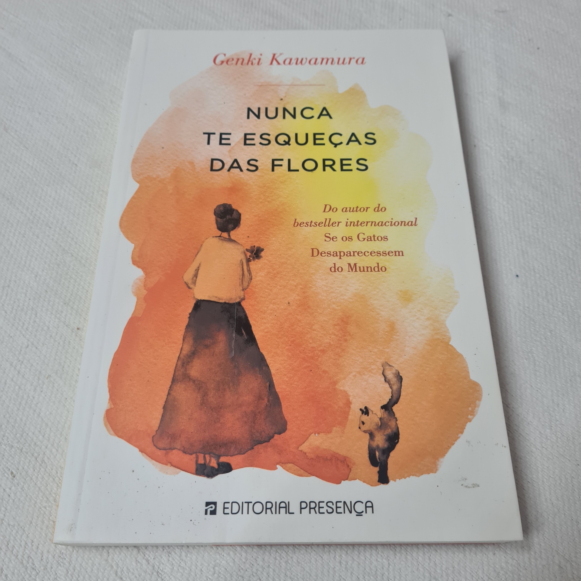 Genki Kawamura - Nunca Te Esqueças das Flores Capa do livro Nunca Te Esqueças das Flores com ilustração de mulher e gato em tons aquarelados