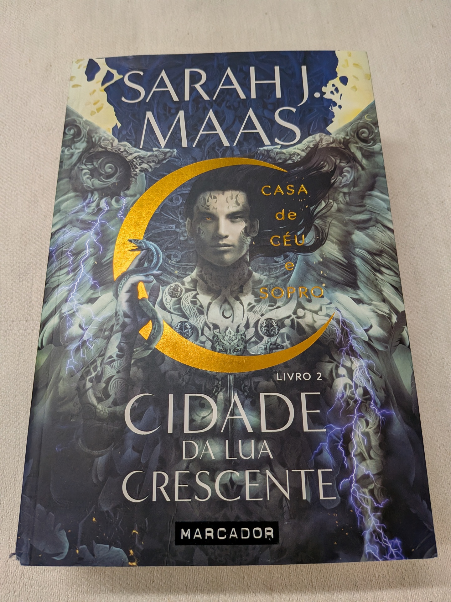 Sarah J. Maas - Casa de Céu e Sopro - Cidade da Lua Crescente 2 (defeito na capa) Capa do livro Cidade da Lua Crescente com figura masculina tatuada e asas em padrão azul, cinza e dourado