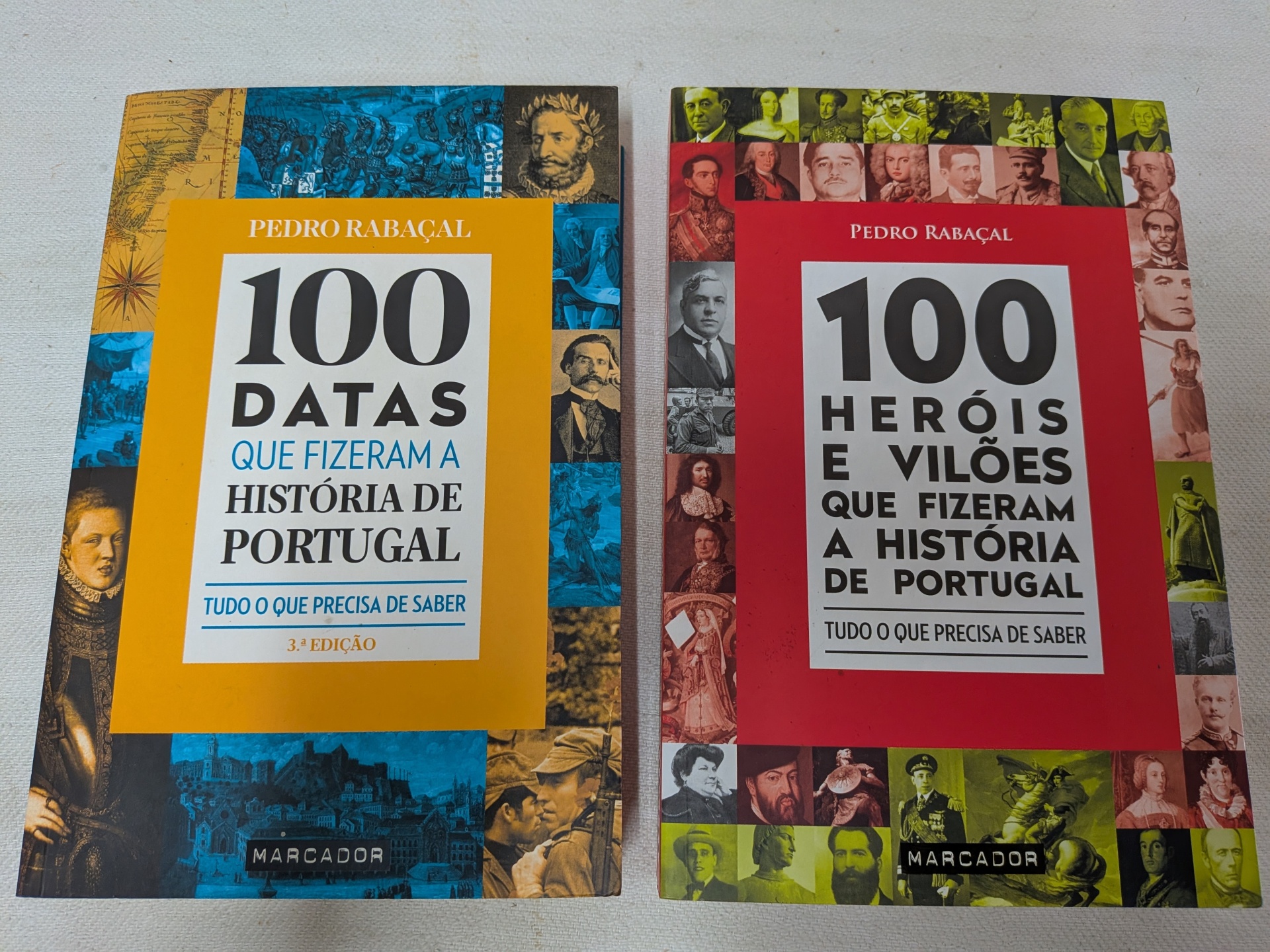Pedro Rabaçal - 100 Datas que Fizeram a História de Portugal + 100 Heróis e Vilões que Fizeram a História de Portugal Dois livros de capa dura com capas em amarelo e vermelho, títulos em preto e branco e bordas com imagens históricas.