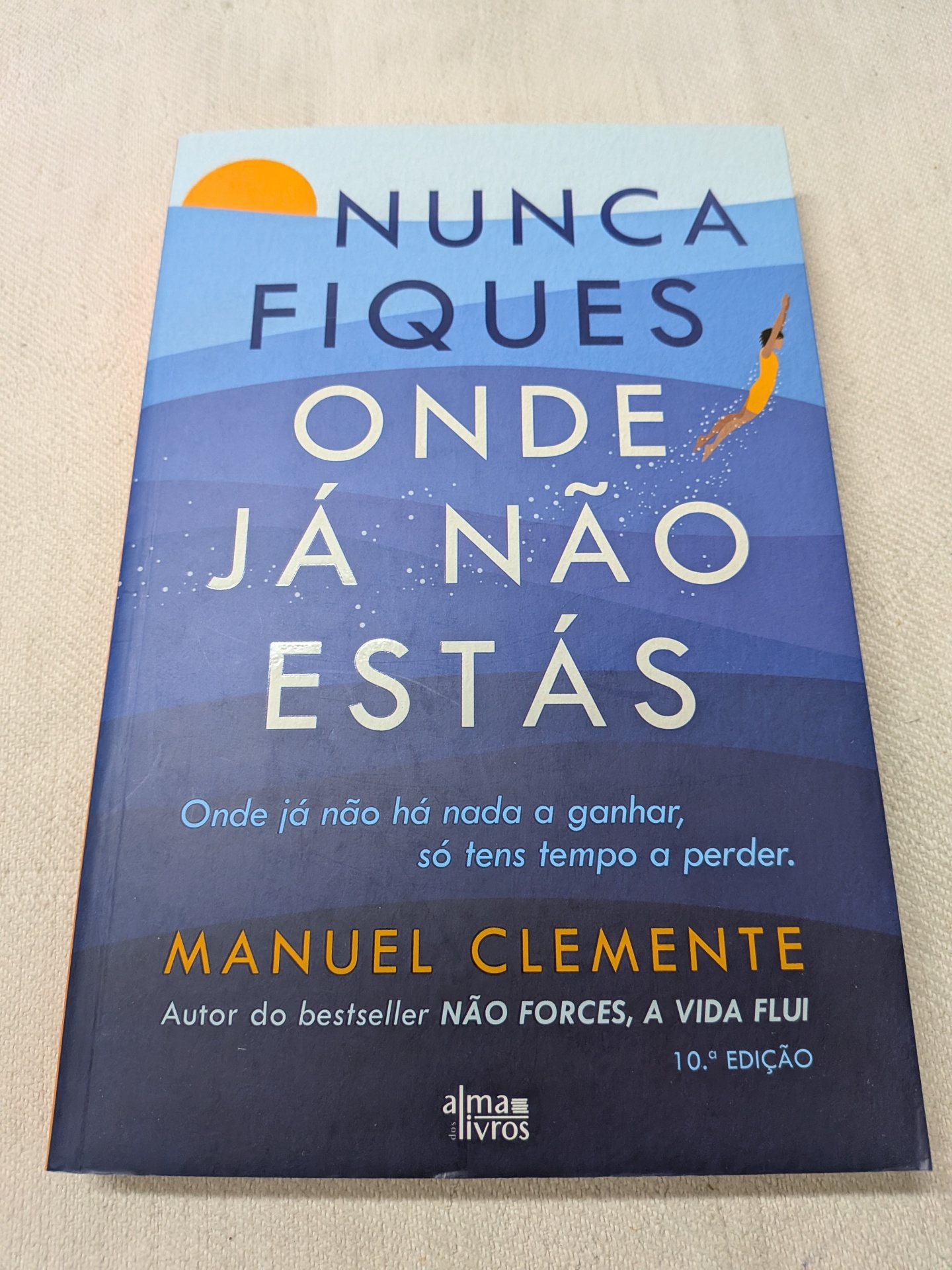 Manuel Clemente - Nunca Fiques Onde Já Não Estás Capa do livro azul com texto e ilustração de pessoa a mergulhar