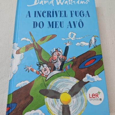 Livro infantil azul com ilustração de avião e duas personagens a voar e texto do título e autor