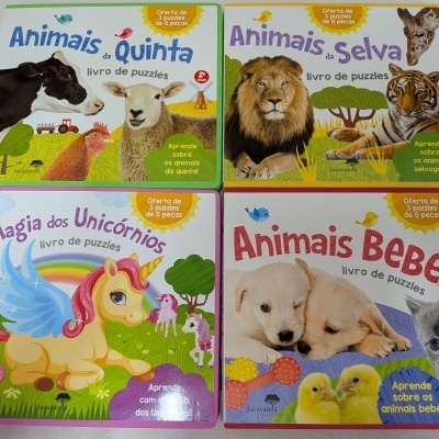 Quatro livros de puzzles infantis com animais da quinta, da selva, unicórnios e animais bebés.