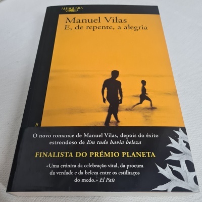 Capa do livro 'E, de repente, a alegria' de Manuel Vilas com silhuetas na areia e texto promocional