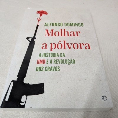 Livro Molhar a pólvora com ilustração de arma e flor