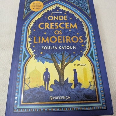 Capa de livro azul Onde Crescem os Limoeiros de Zoulfa Katouh com ilustração de árvore e pessoas