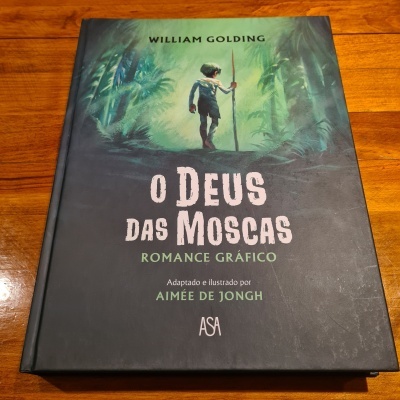 Capa de livro 'O Deus das Moscas' com ilustração de rapaz numa floresta